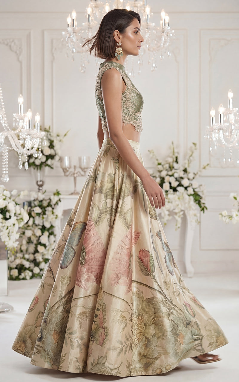 Unstitched Embroidered Blouse With Printed Skirt