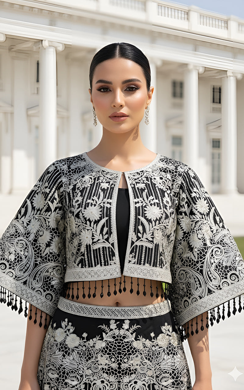 Organza Embroidered Cape With Skirt