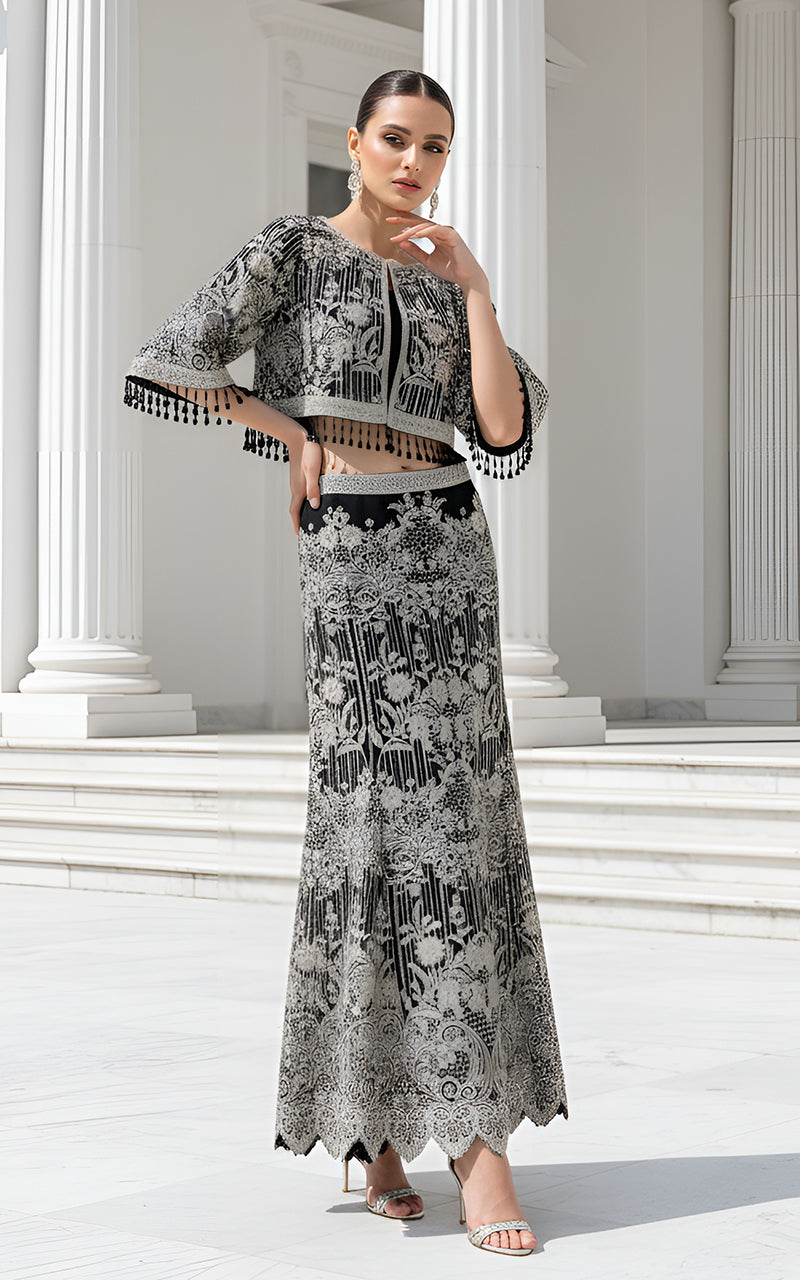 Organza Embroidered Cape With Skirt