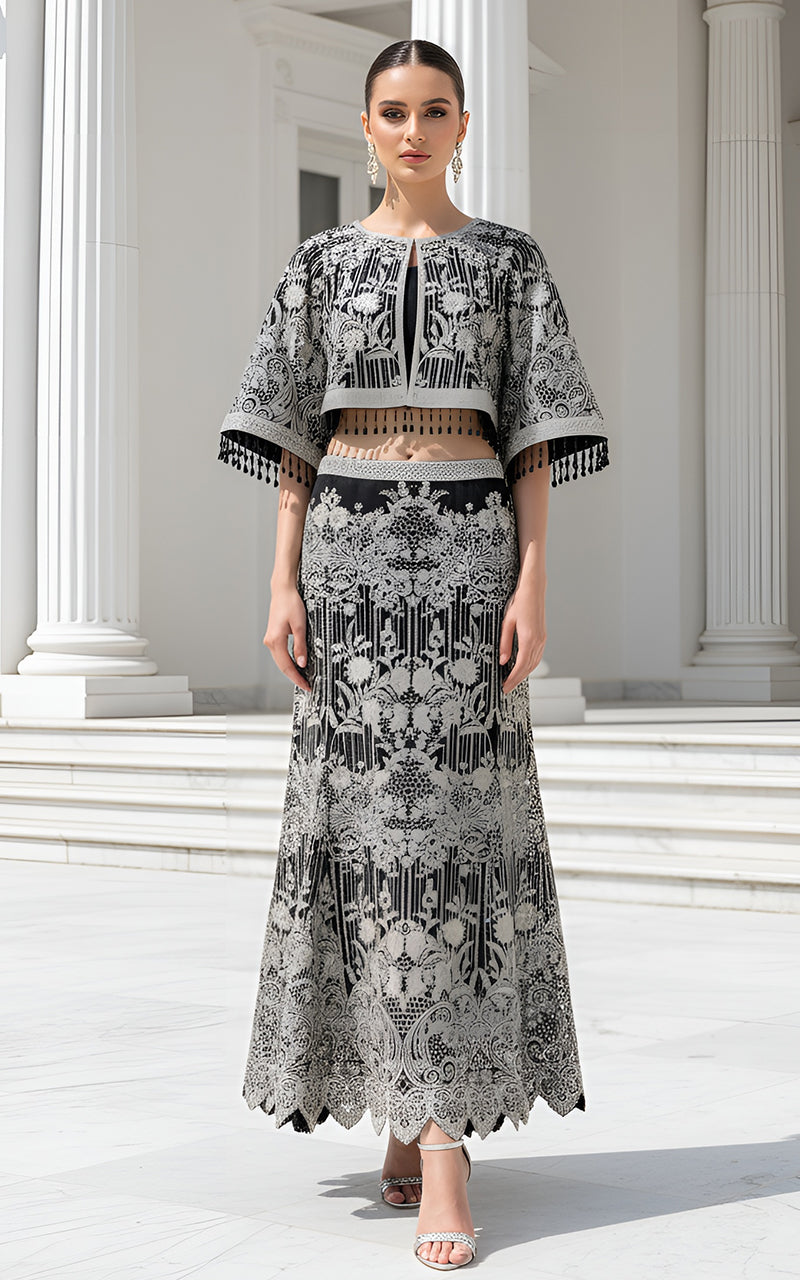 Organza Embroidered Cape With Skirt