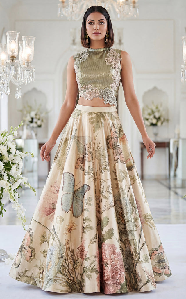 Unstitched Embroidered Blouse With Printed Skirt