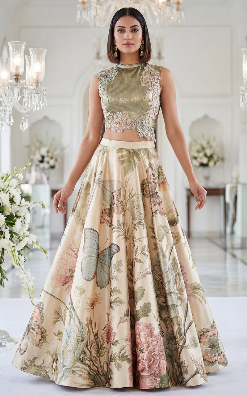 Embroidered Blouse With Printed Skirt