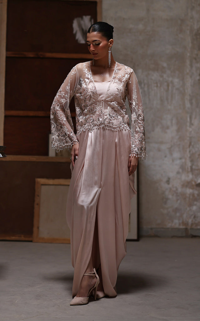 Net Embroidered Jacket With Skirt