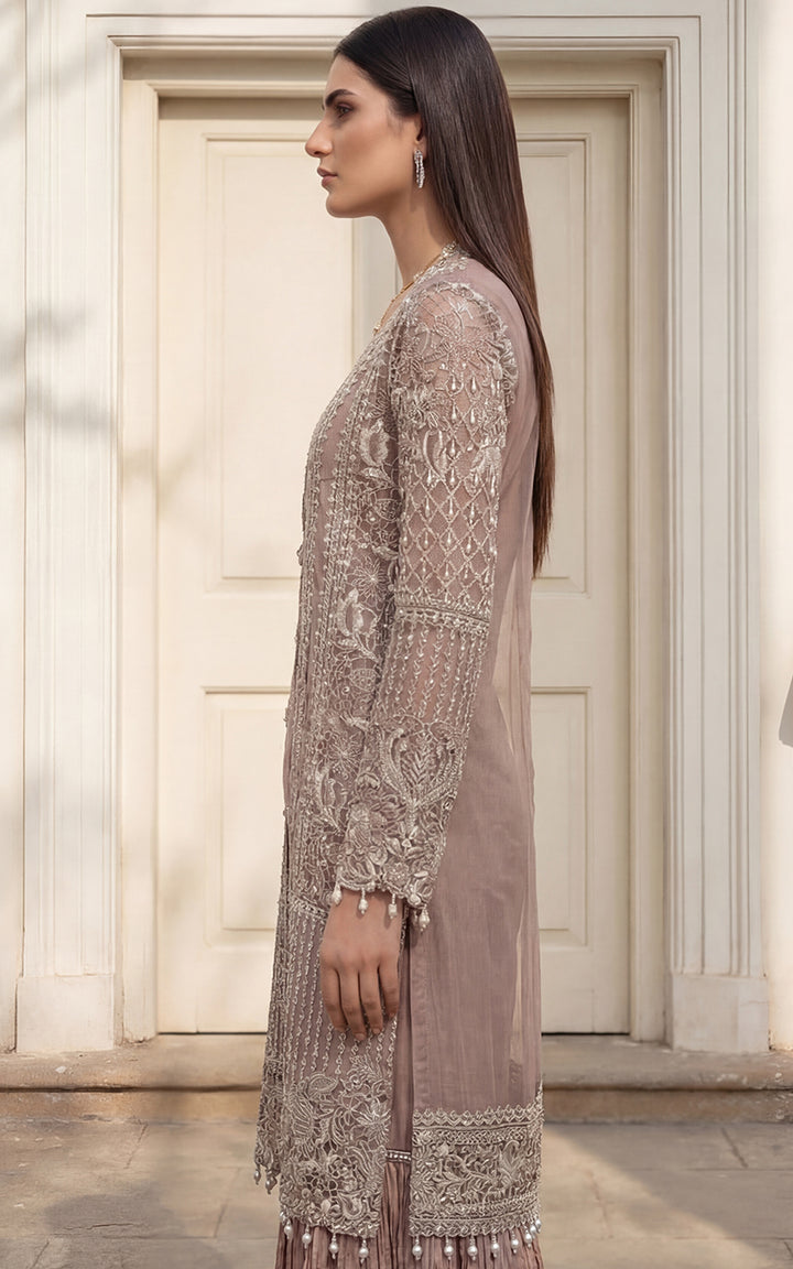 Unstitched Embroidered Jacket With Inner And Gharara