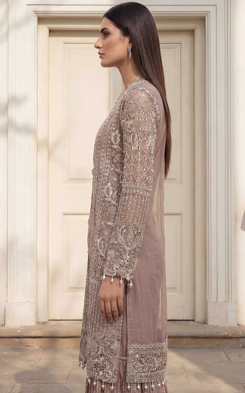 Unstitched Embroidered Jacket With Inner And Gharara