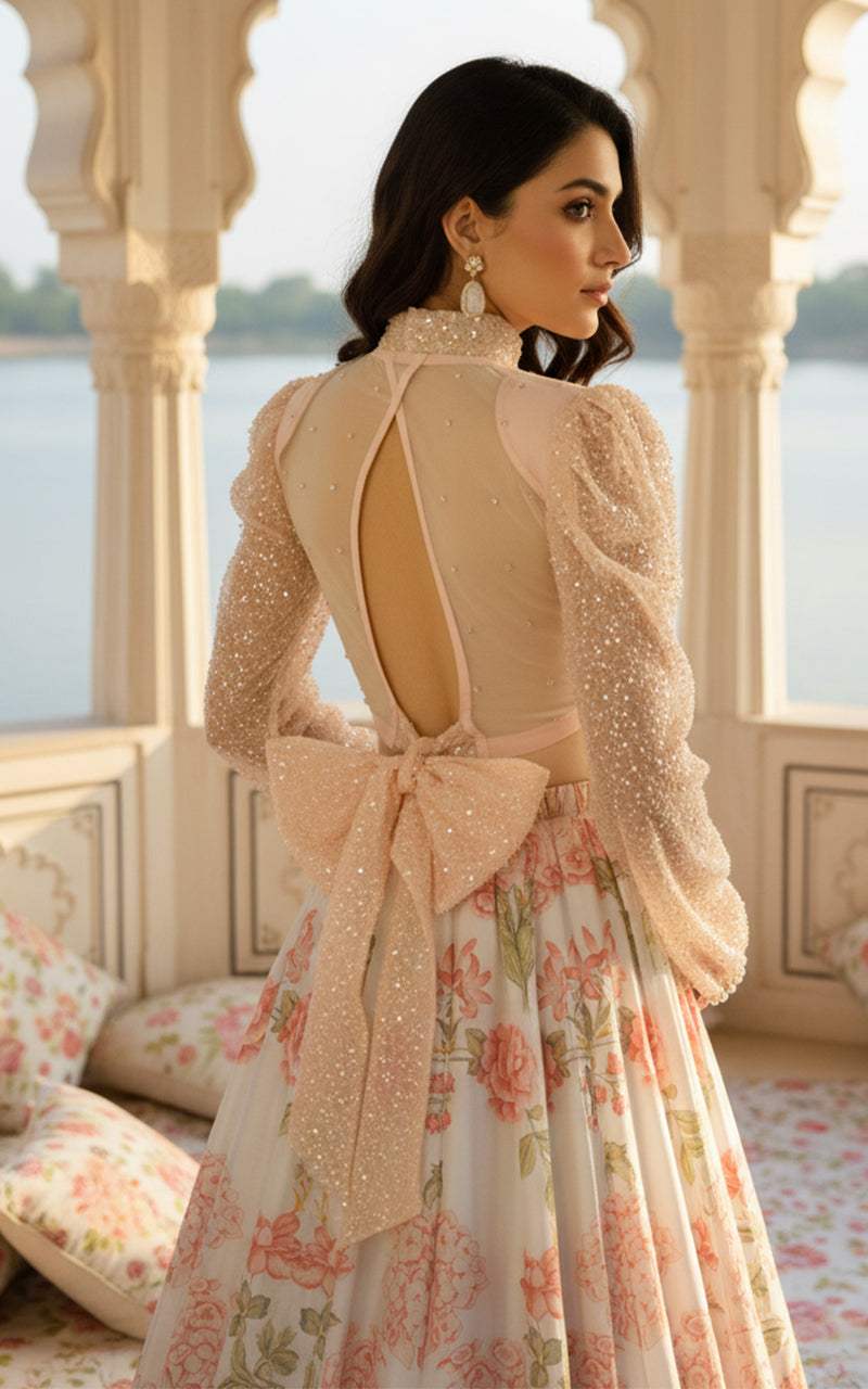 Unstitched Embellished Blouse With Printed Lehenga