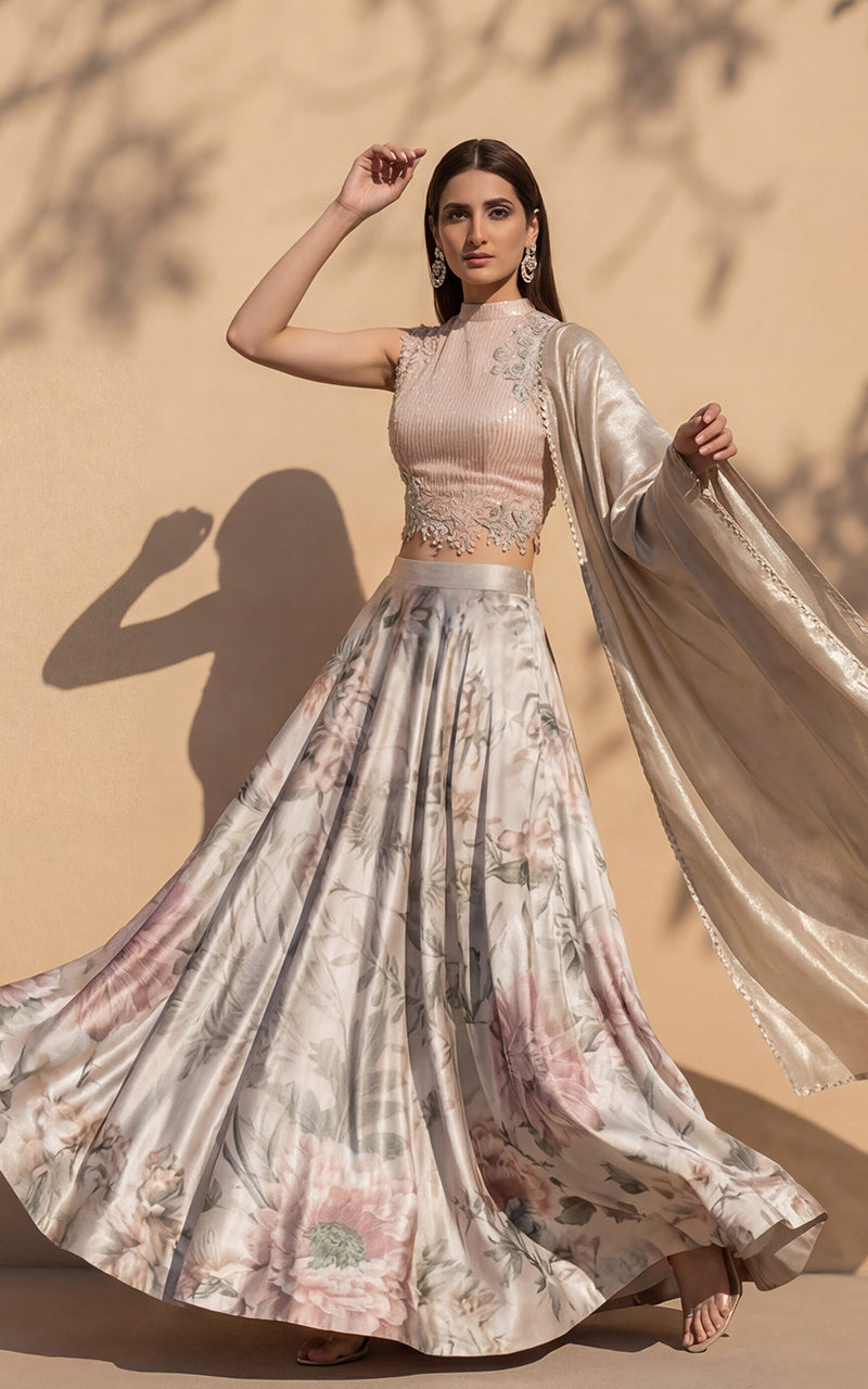 Embellished Blouse With Printed Lehenga