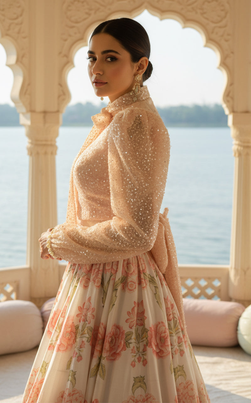 Unstitched Embellished Blouse With Printed Lehenga