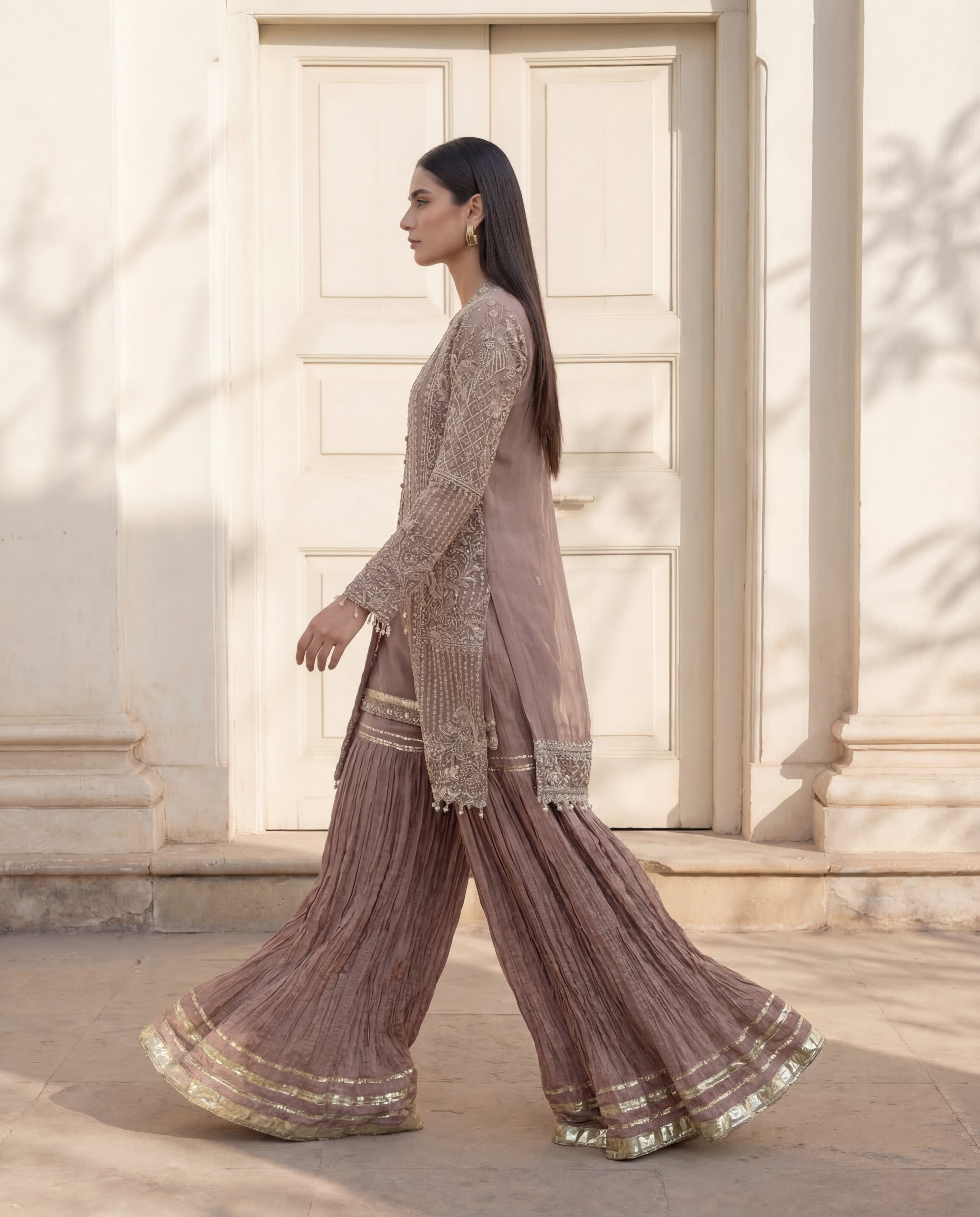 Dusty Rose Champagne Organza Jacket Ensemble.