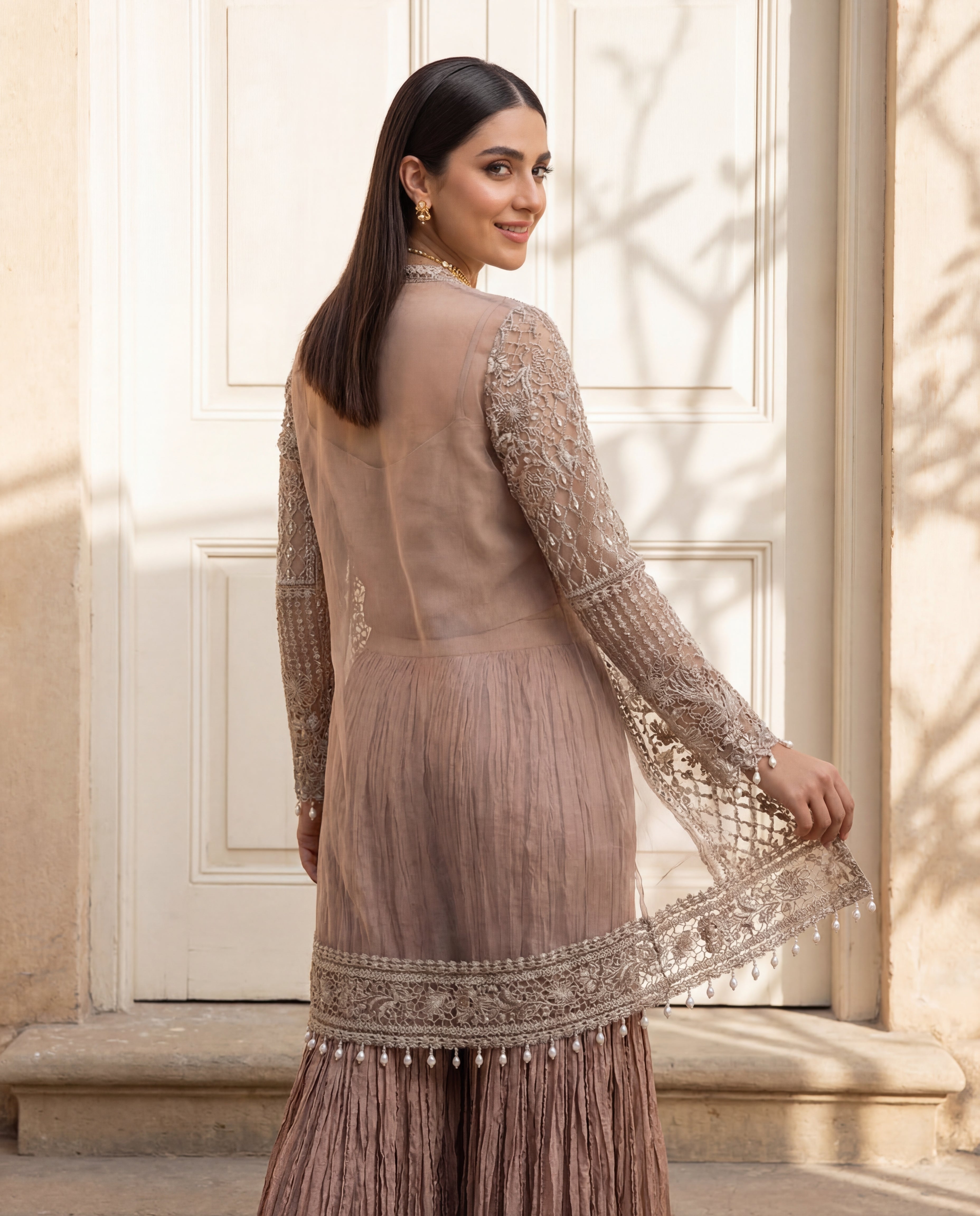Dusty Rose Champagne Organza Jacket Ensemble.