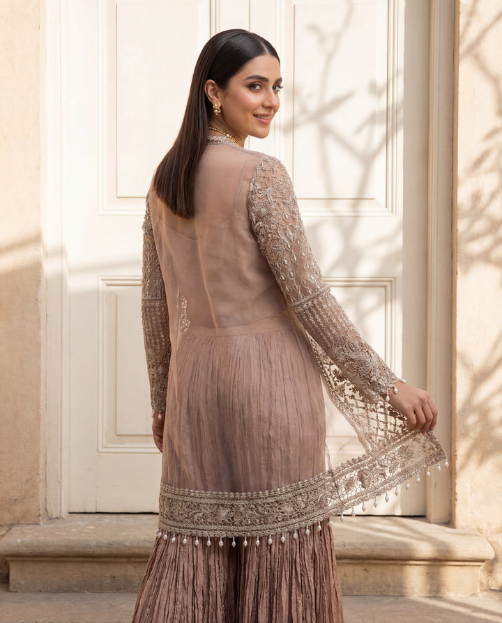 Dusty Rose Champagne Organza Jacket Ensemble.