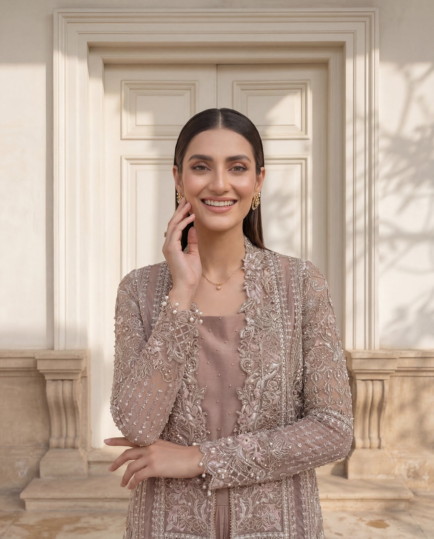 Dusty Rose Champagne Organza Jacket Ensemble.
