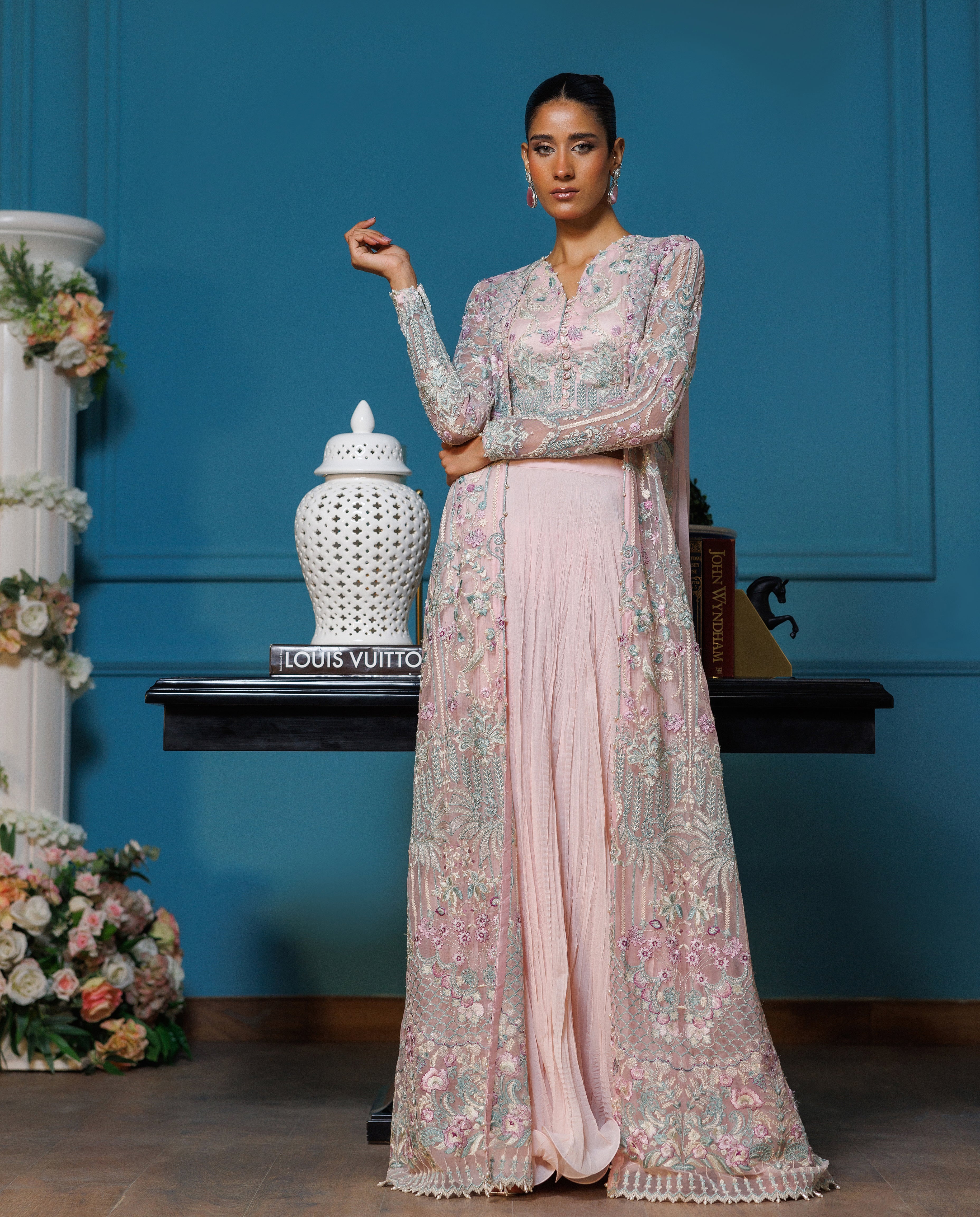 Unstitched Embroidered Jacket With Blouse And Skirt