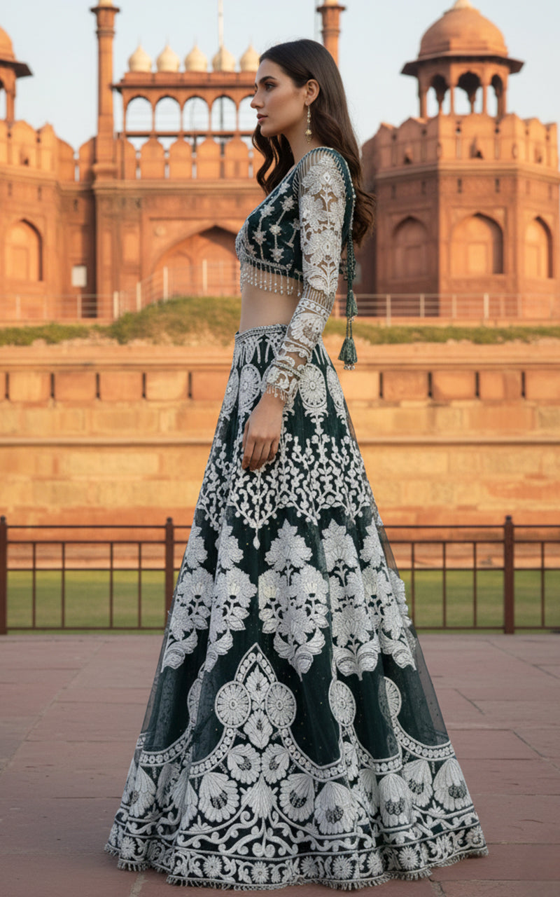 Unstitched Embroidered Blouse With Lehenga