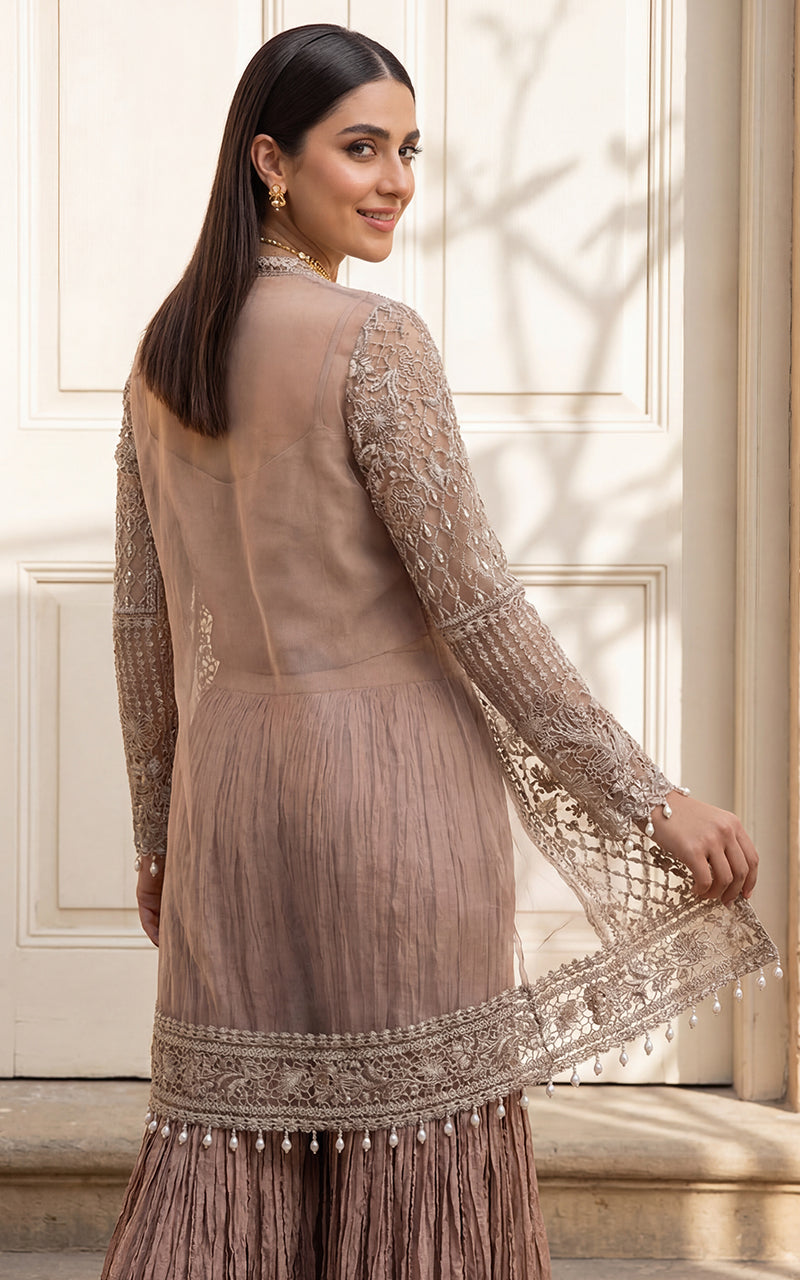 Unstitched Embroidered Jacket With Inner And Gharara