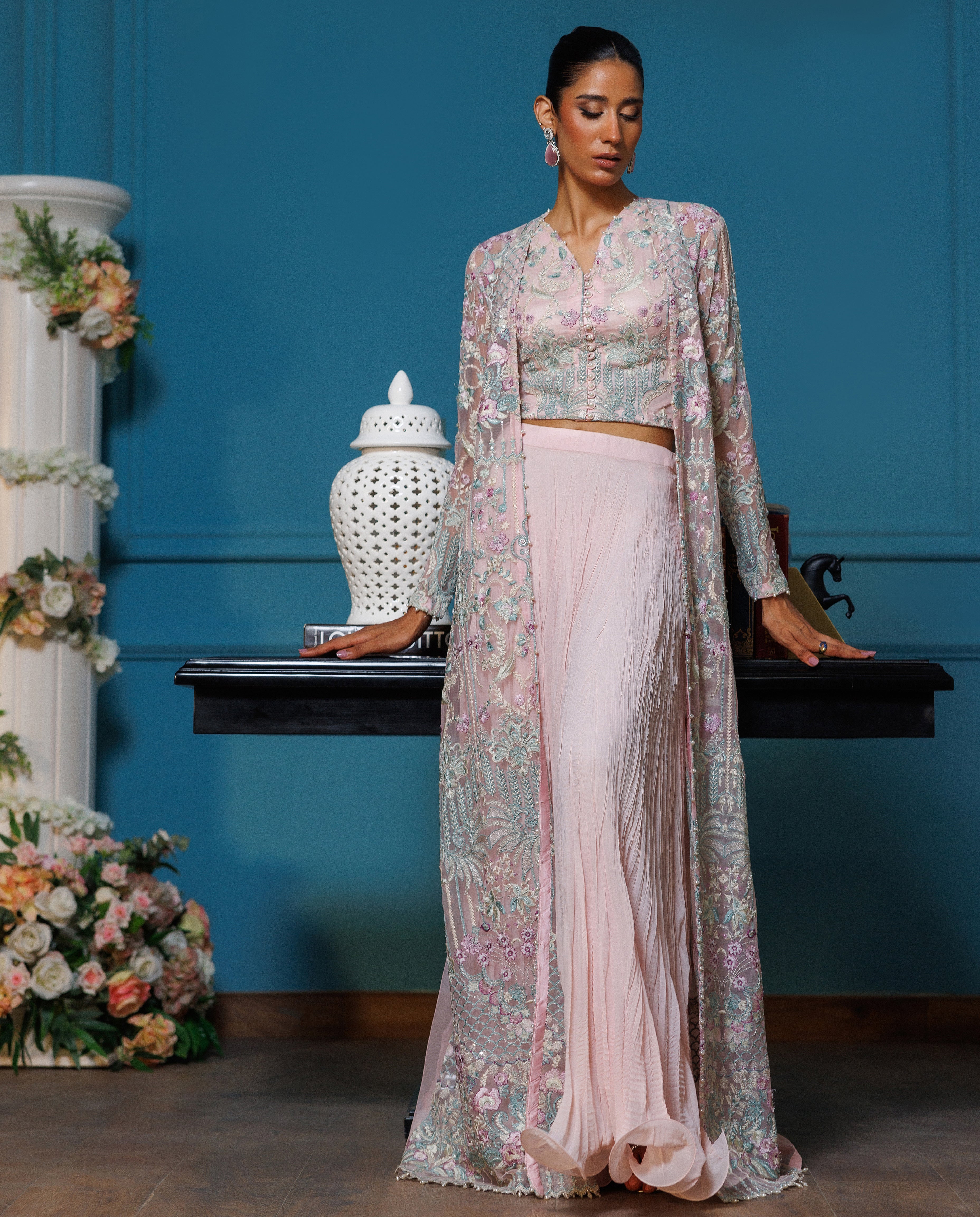 Unstitched Embroidered Jacket With Blouse And Skirt
