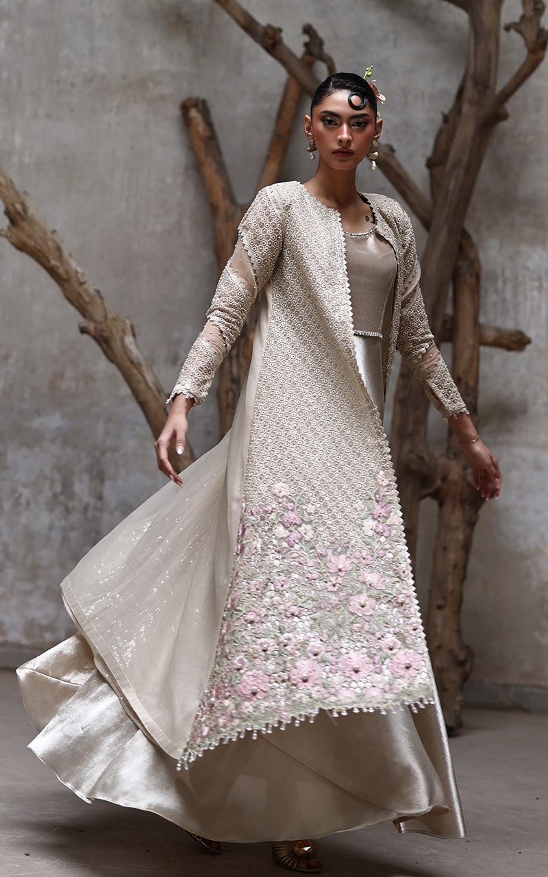 Organza Embroidered Jacket With Maxi