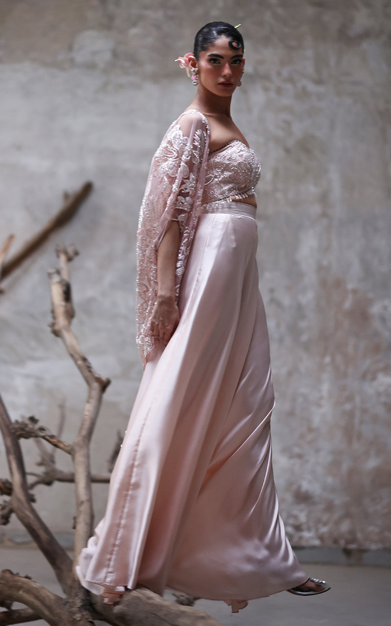 Net Embroidered Blouse With Cape And Skirt