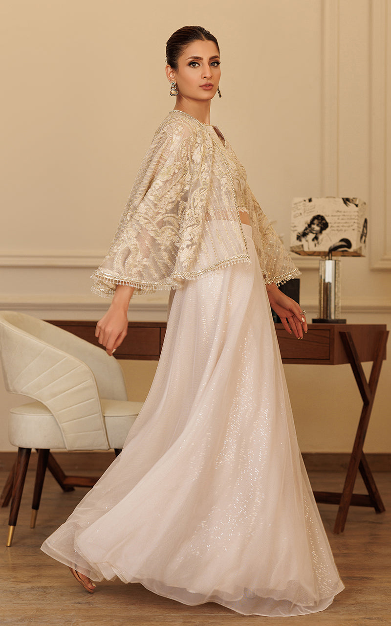 Embroidered Cape With Blouse And Skirt