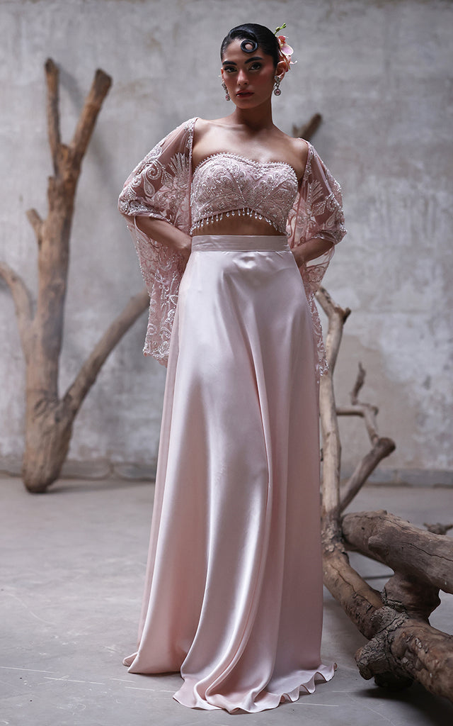Net Embroidered Blouse With Cape And Skirt