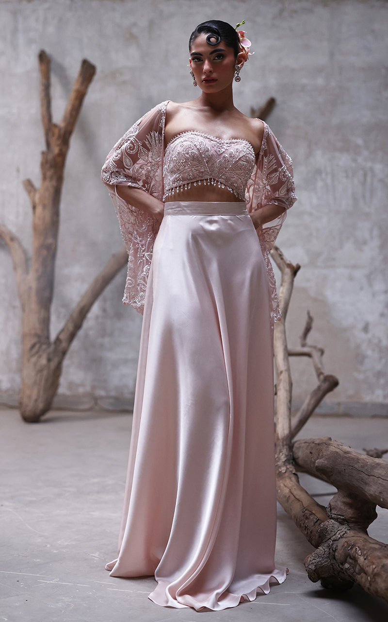 Net Embroidered Blouse With Cape And Skirt