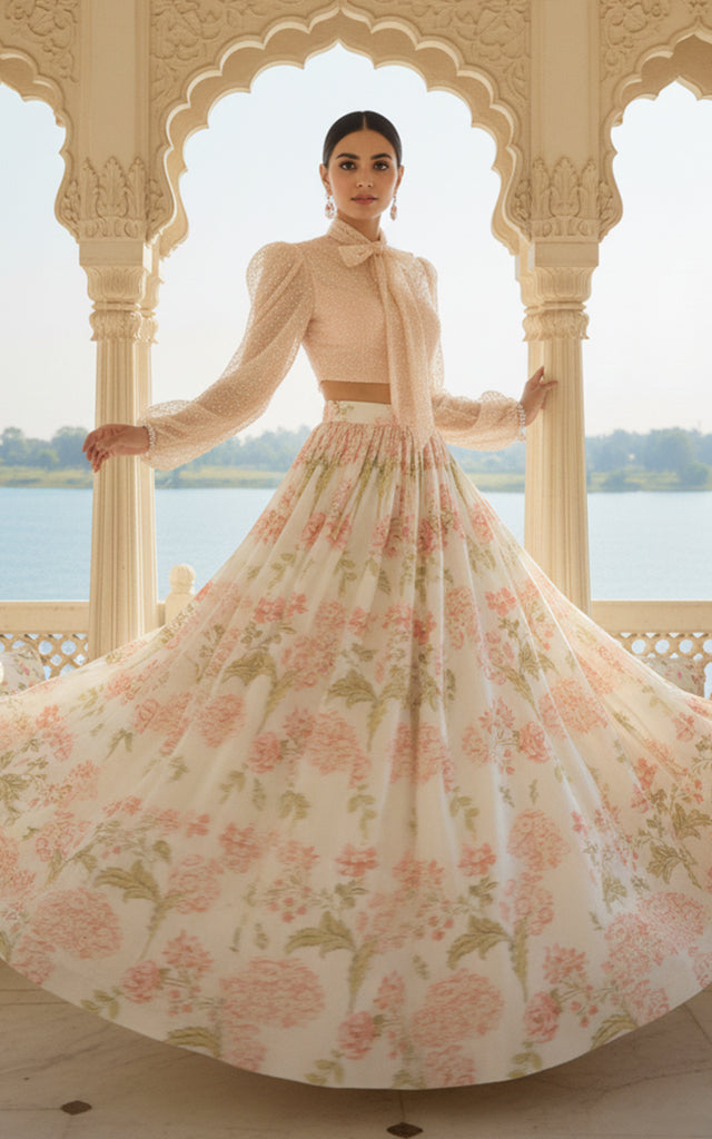 Unstitched Embellished Blouse With Printed Lehenga