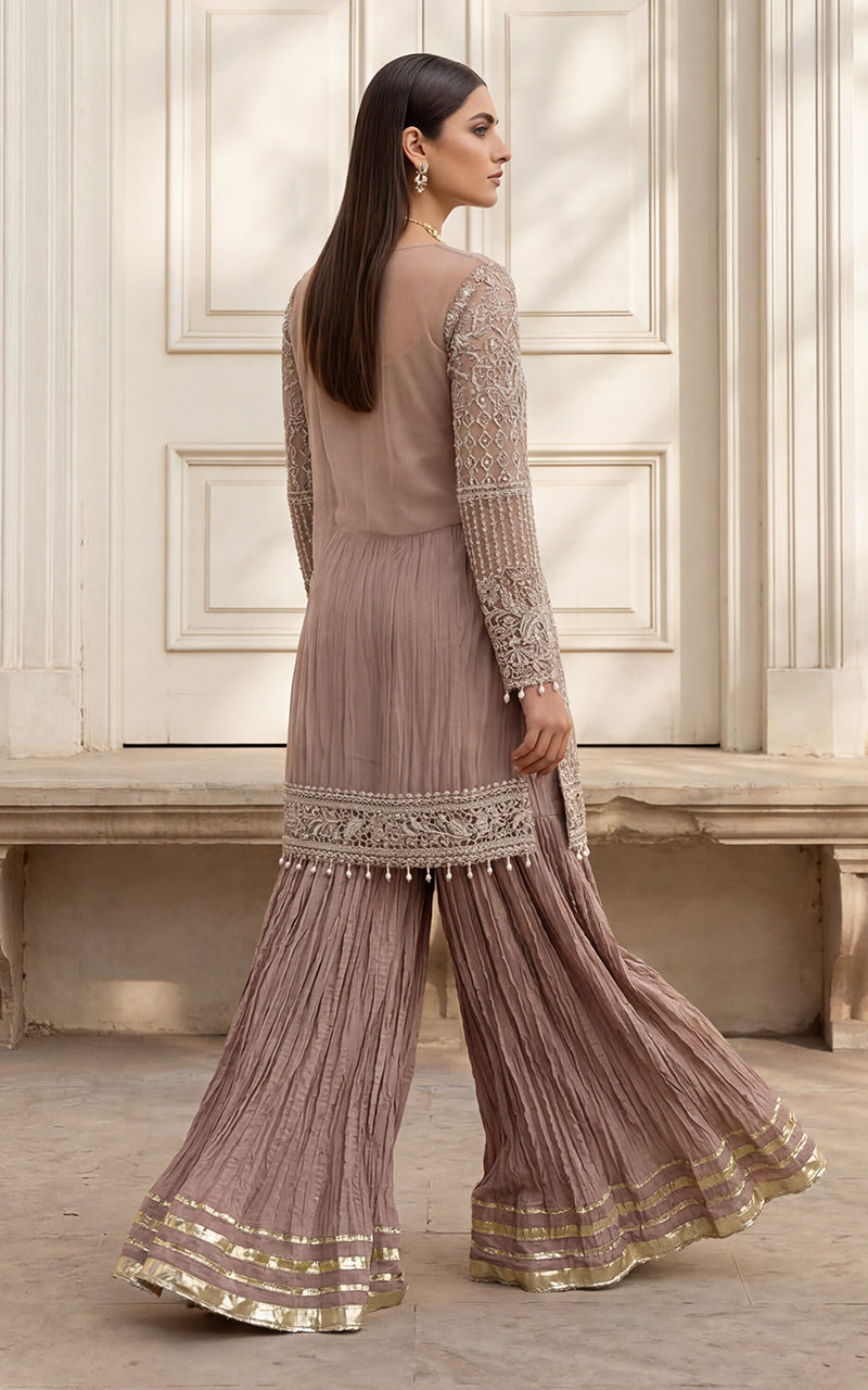 Unstitched Embroidered Jacket With Inner And Gharara