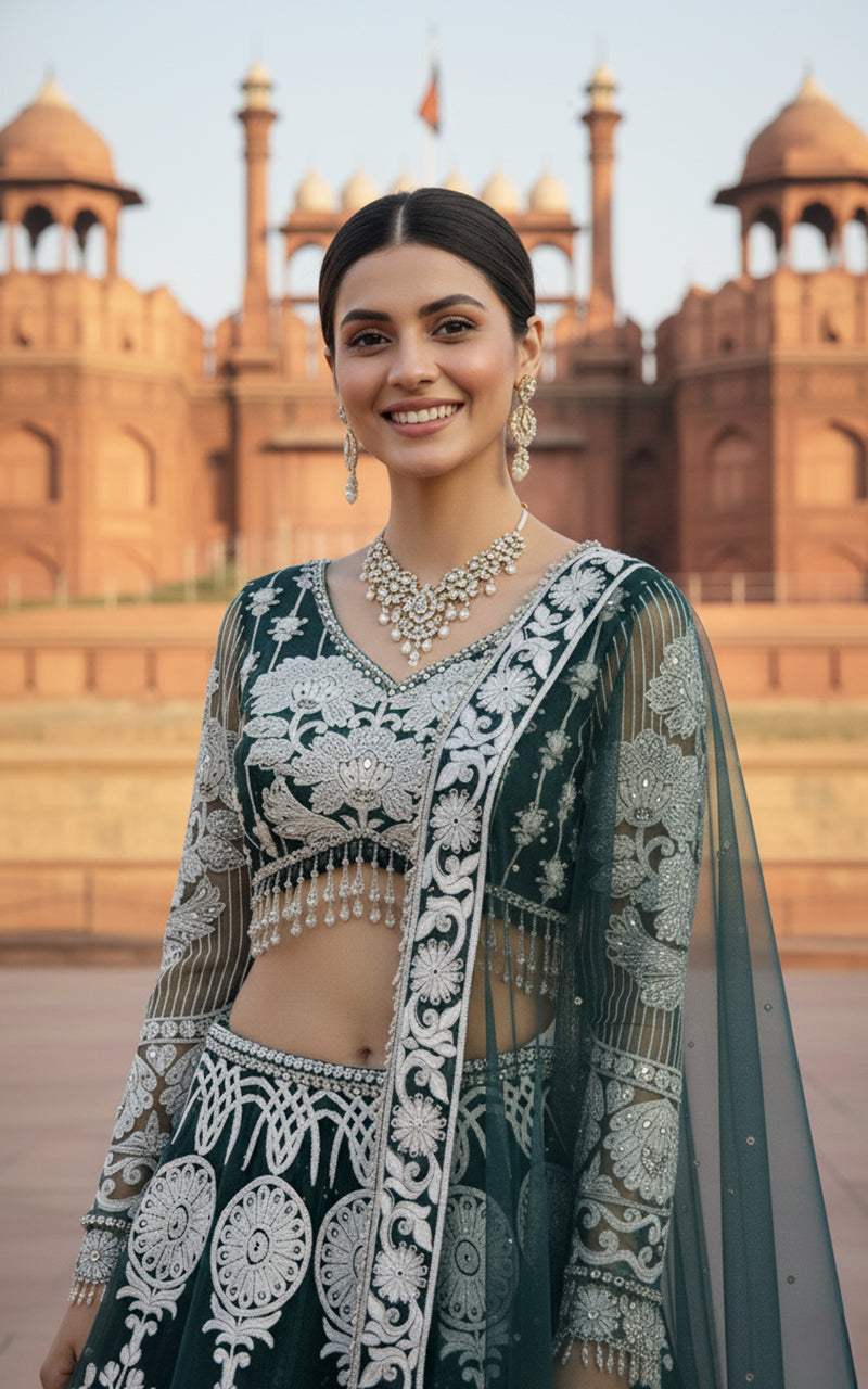 Unstitched Embroidered Blouse With Lehenga