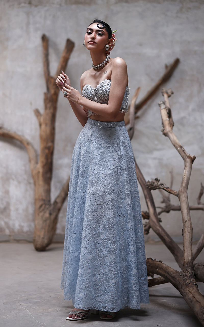 Net Embroidered Blouse With Skirt