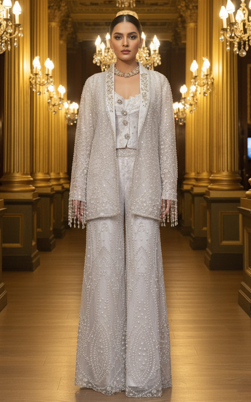 Embroidered Jacket With Blouse And Trouser