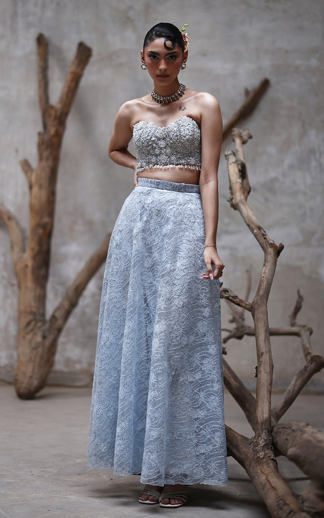 Net Embroidered Blouse With Skirt