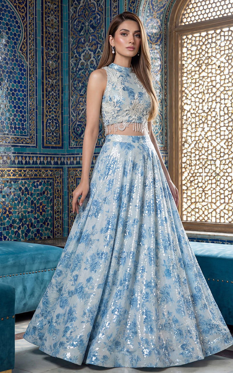 Embellished Blouse With Sequins Printed Skirt