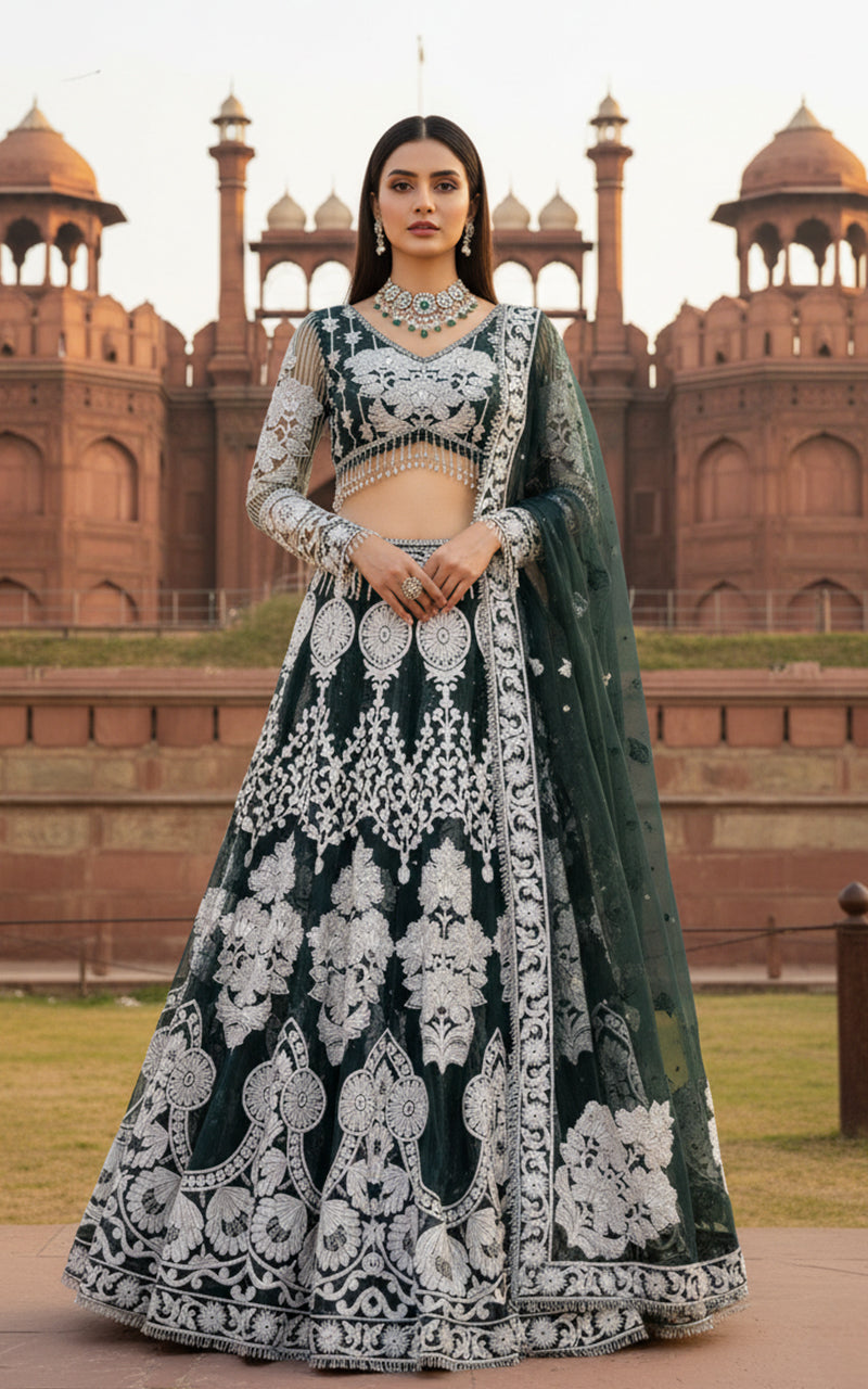 Unstitched Embroidered Blouse With Lehenga
