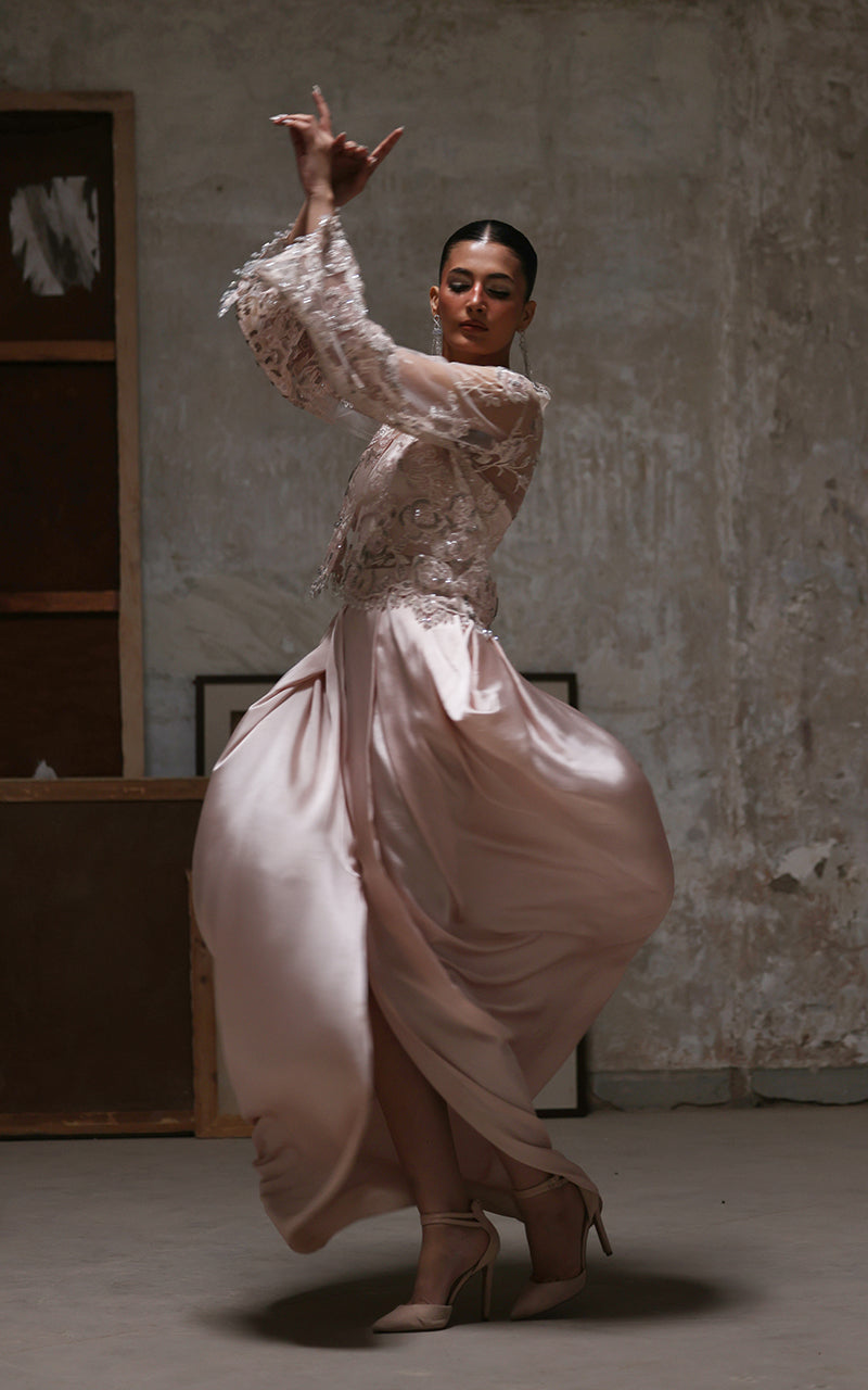 Net Embroidered Jacket With Skirt