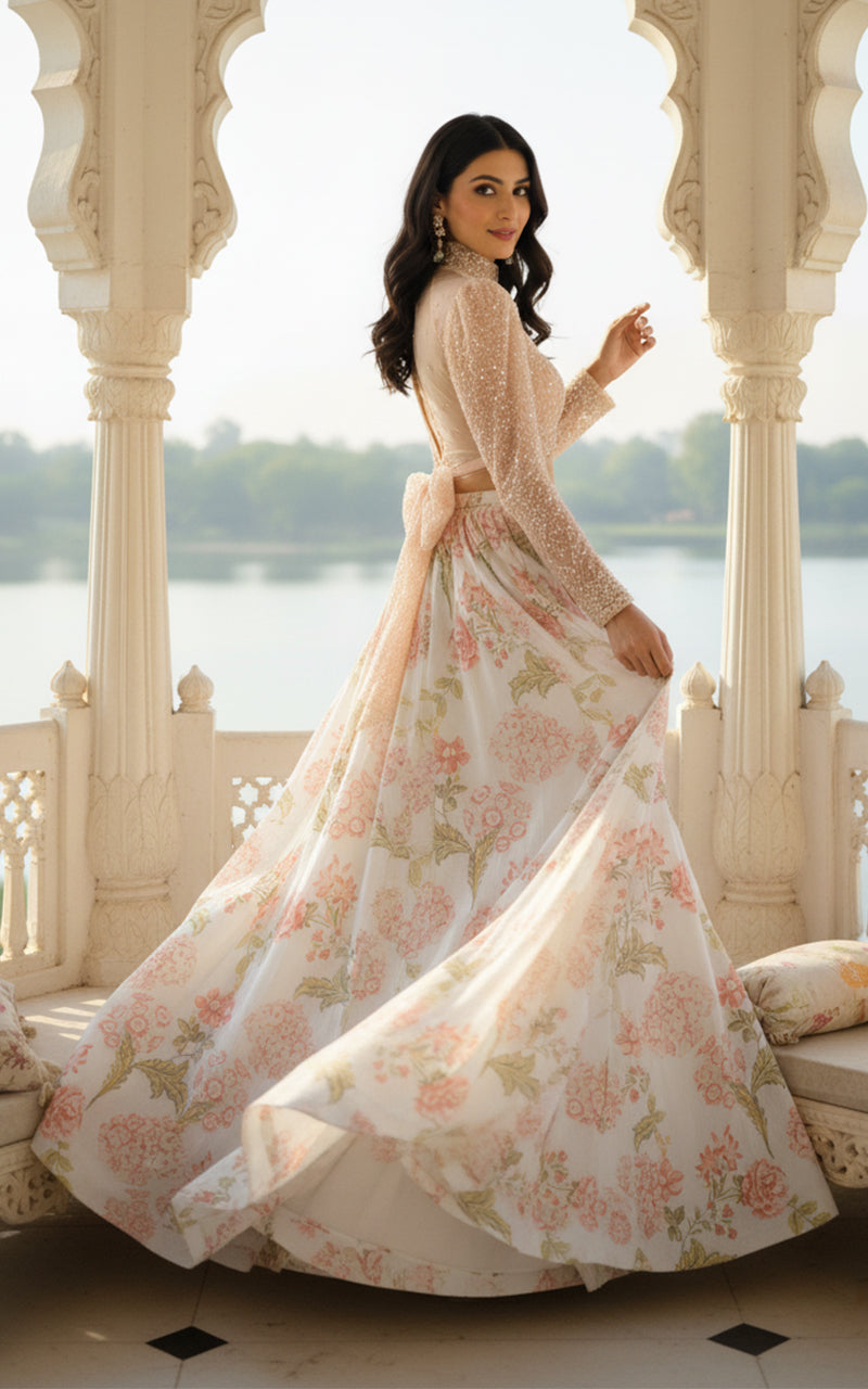 Unstitched Embellished Blouse With Printed Lehenga