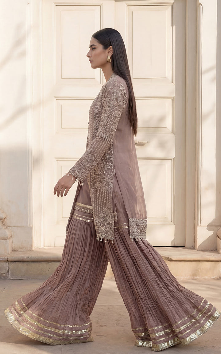 Unstitched Embroidered Jacket With Inner And Gharara