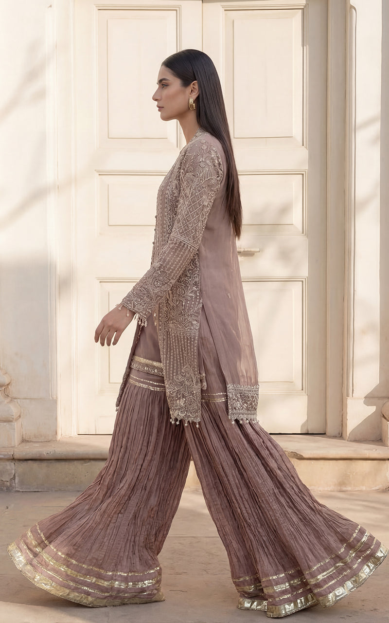 Unstitched Embroidered Jacket With Inner And Gharara