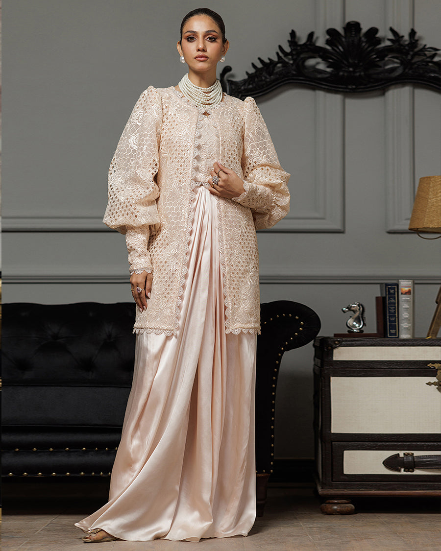 Organza Embroidered Jacket With Embroidered Tube And Skirt