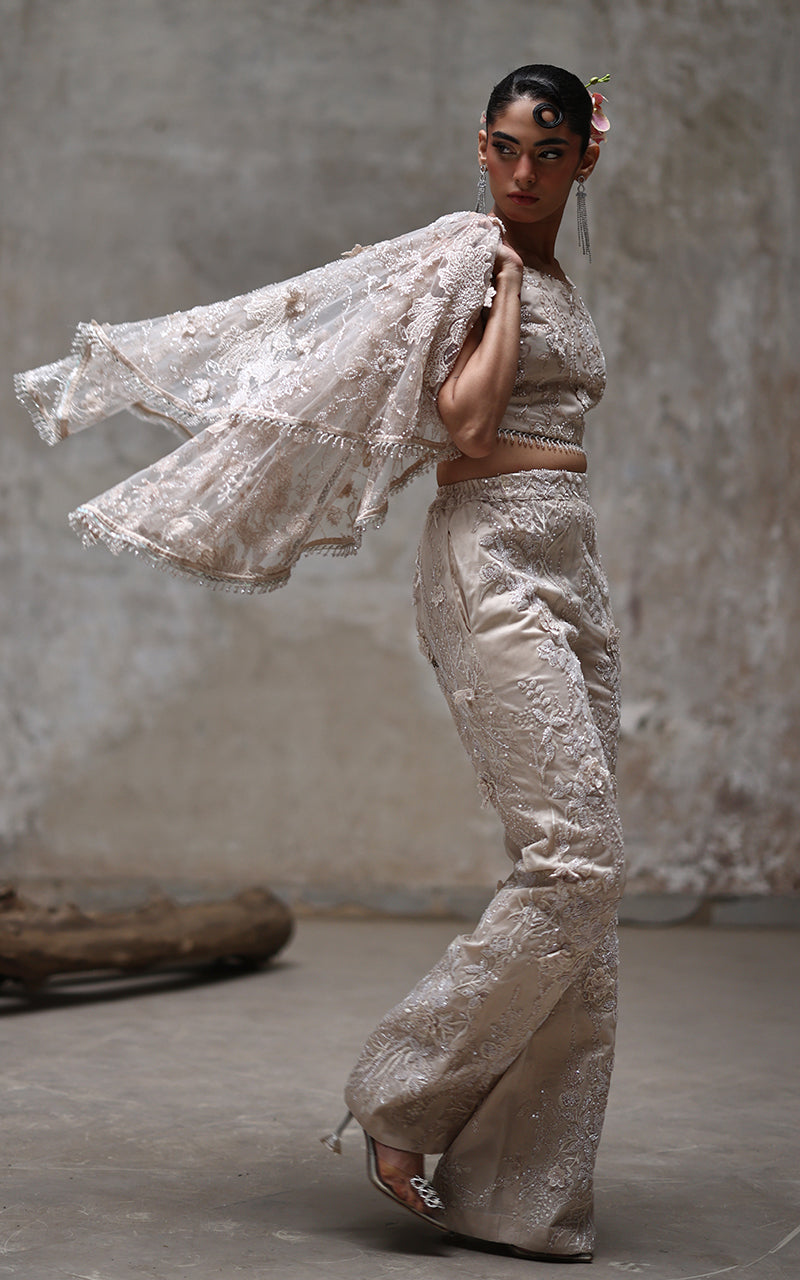 Net Embroidered Blouse With Cape And Trouser