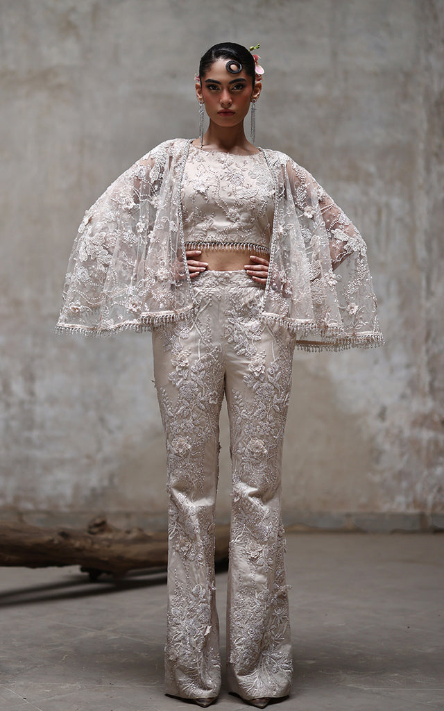 Net Embroidered Blouse With Cape And Trouser