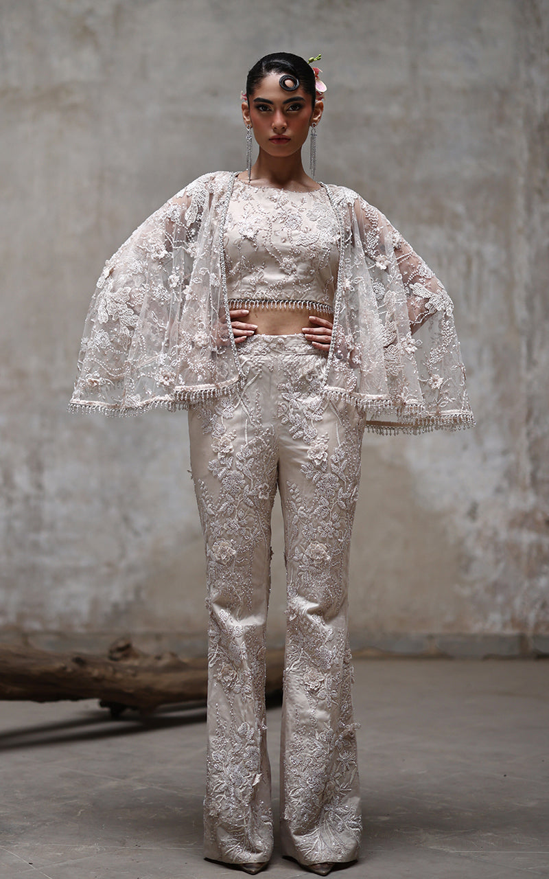 Net Embroidered Blouse With Cape And Trouser