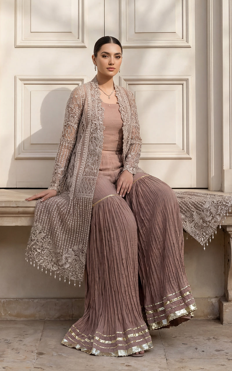 Unstitched Embroidered Jacket With Inner And Gharara