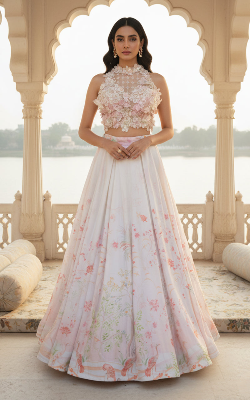 Embellished Blouse With Printed Lehenga