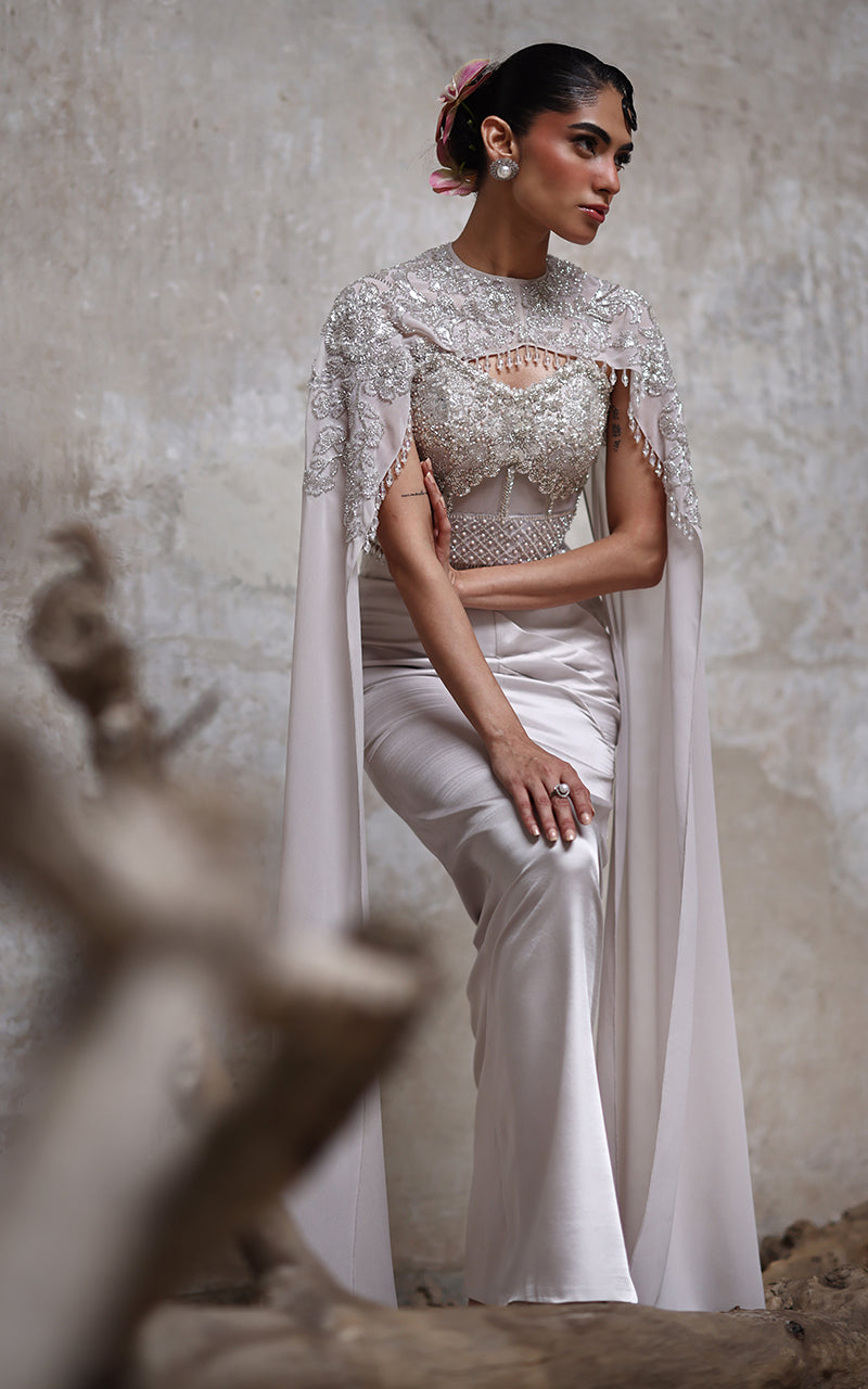 Net Embroidered Blouse With Cape And Skirt