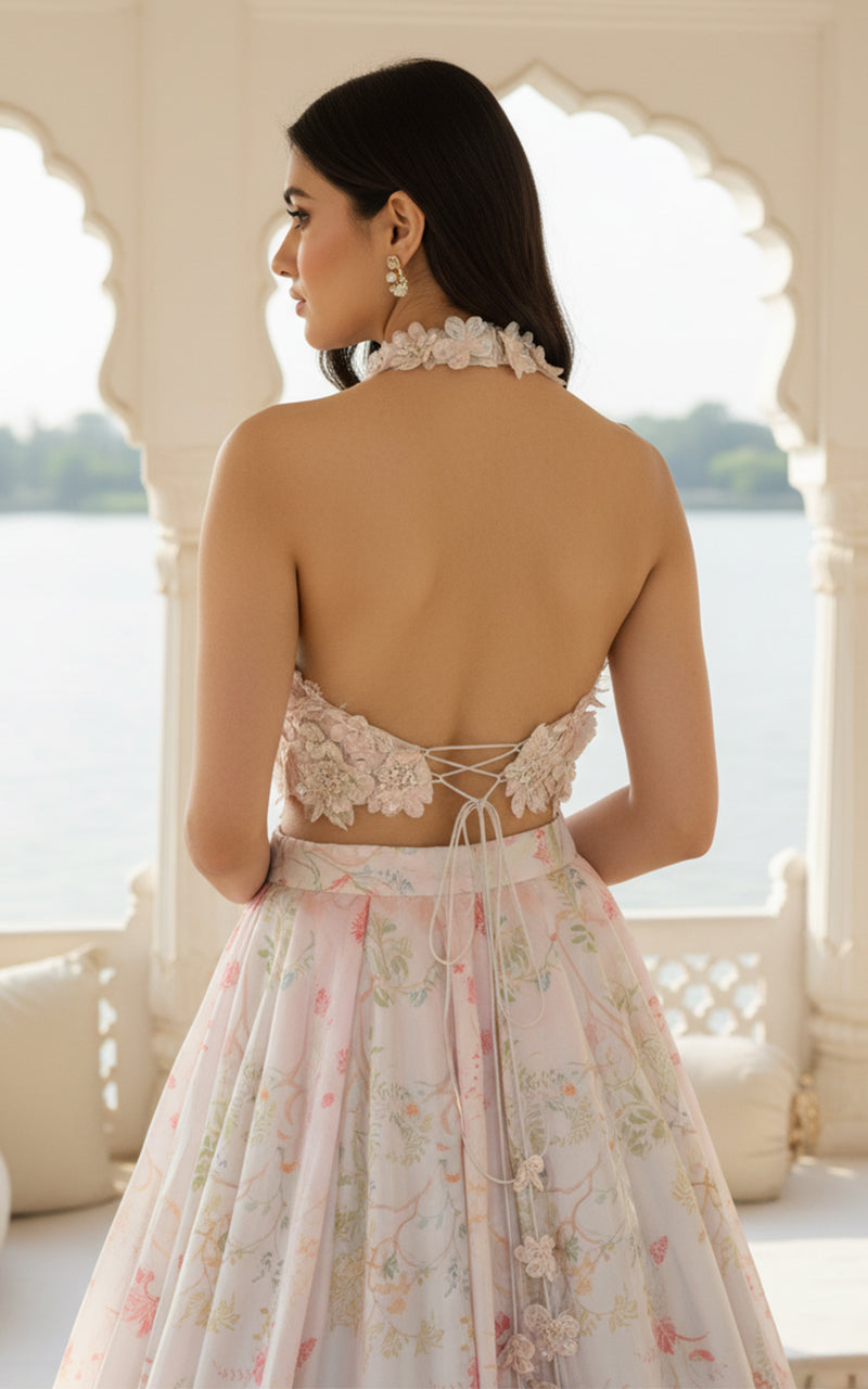 Unstitched Embellished Blouse With Printed Lehenga