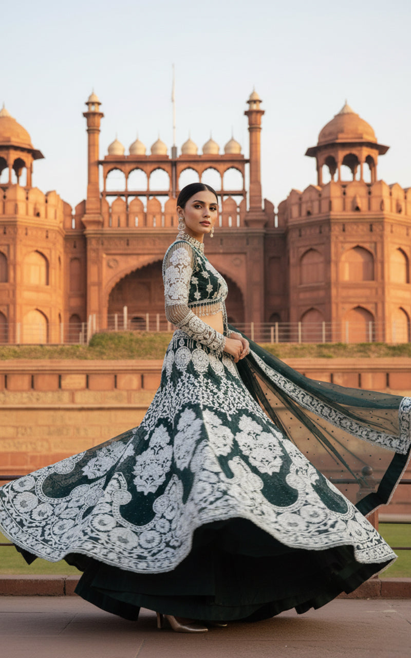 Unstitched Embroidered Blouse With Lehenga