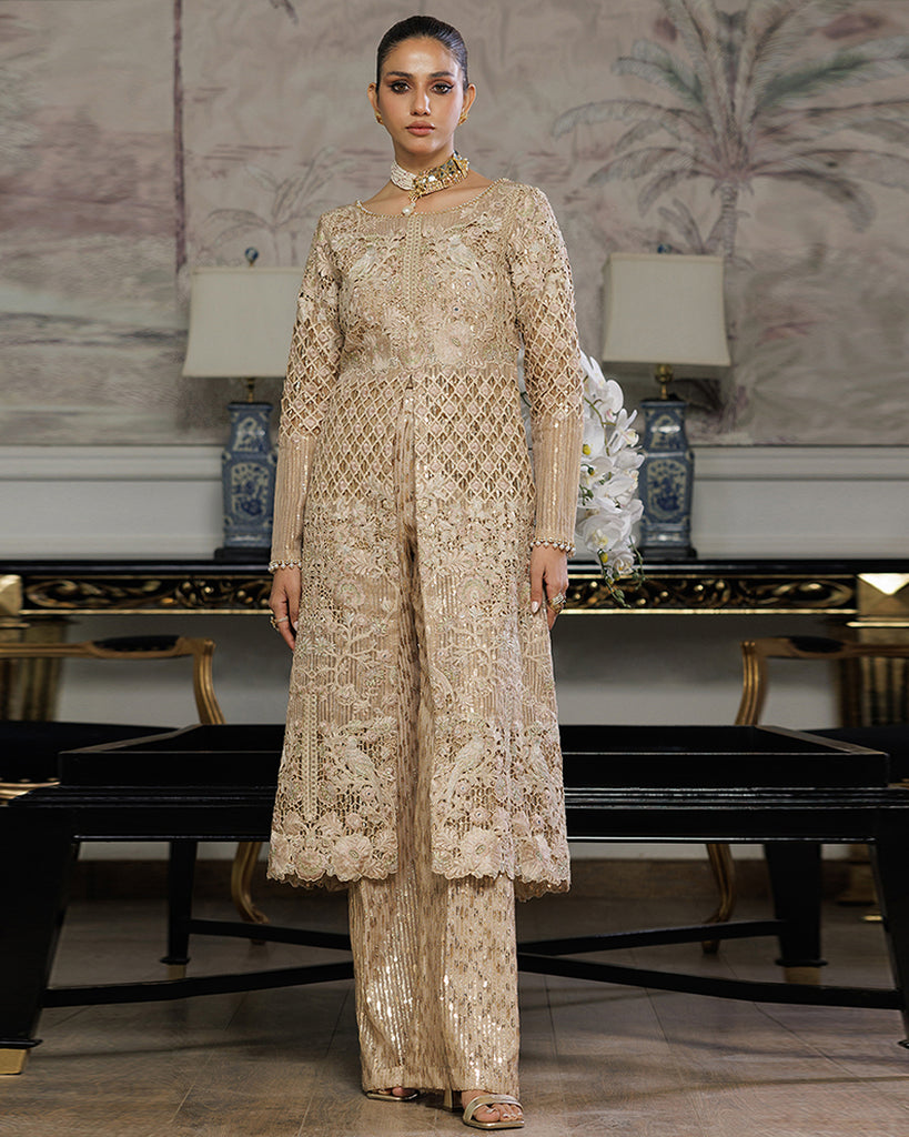 Unstitched Elegant Champagne Gold Festive Ensemble