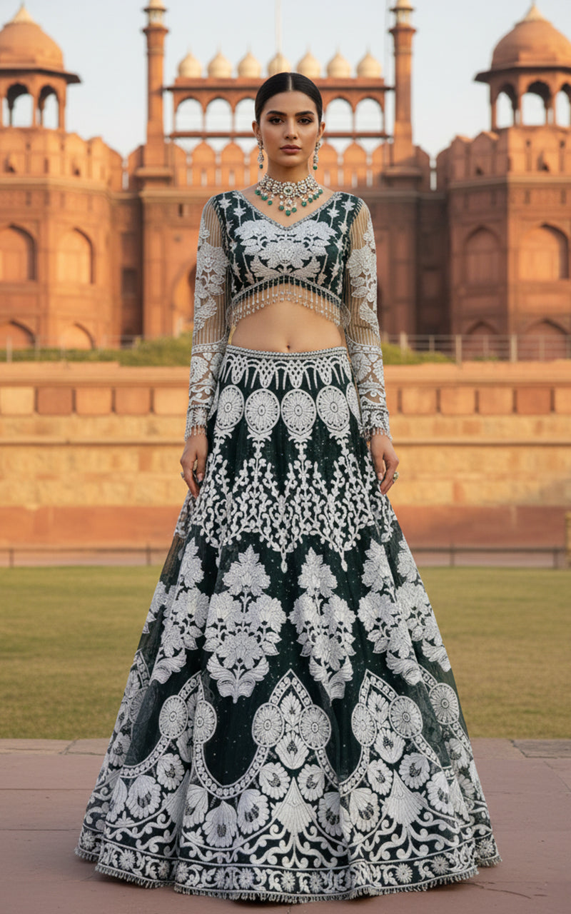 Unstitched Embroidered Blouse With Lehenga
