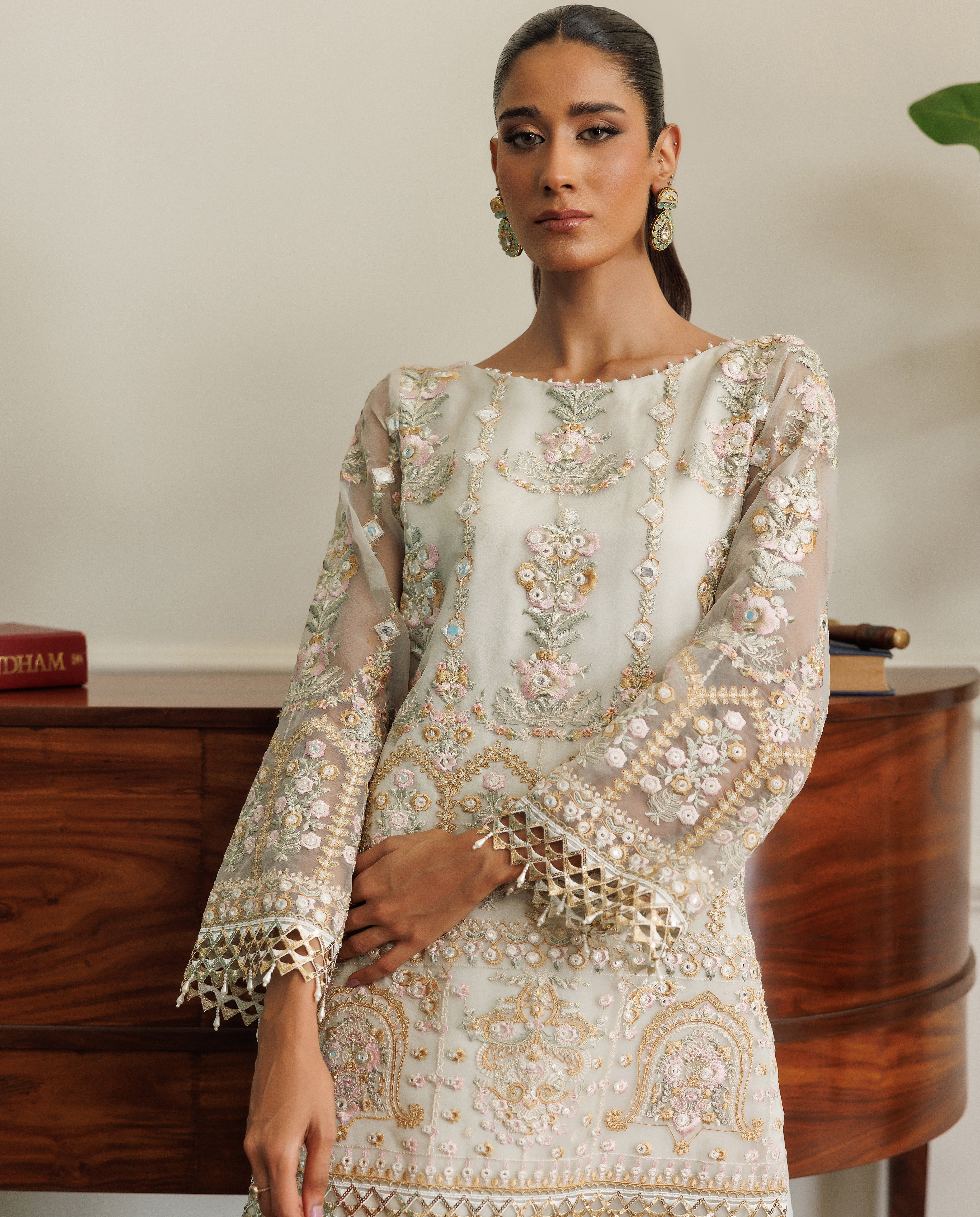 Unstitched Organza Embroidered Shirt With Skirt