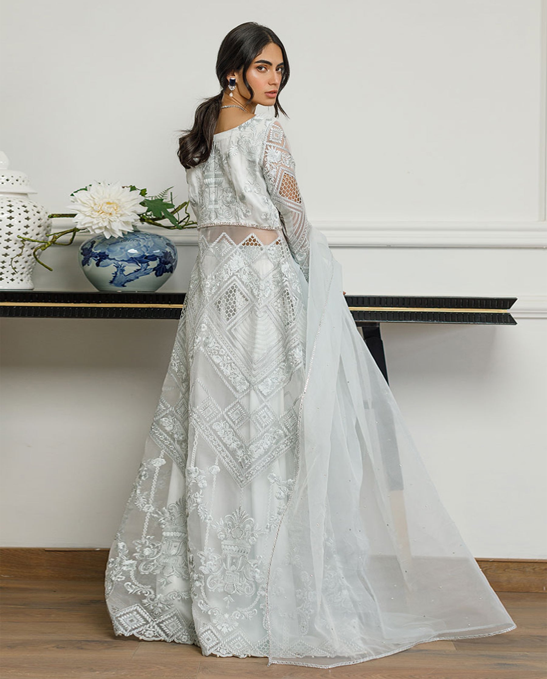 Organza Embroidered Dress With Skirt